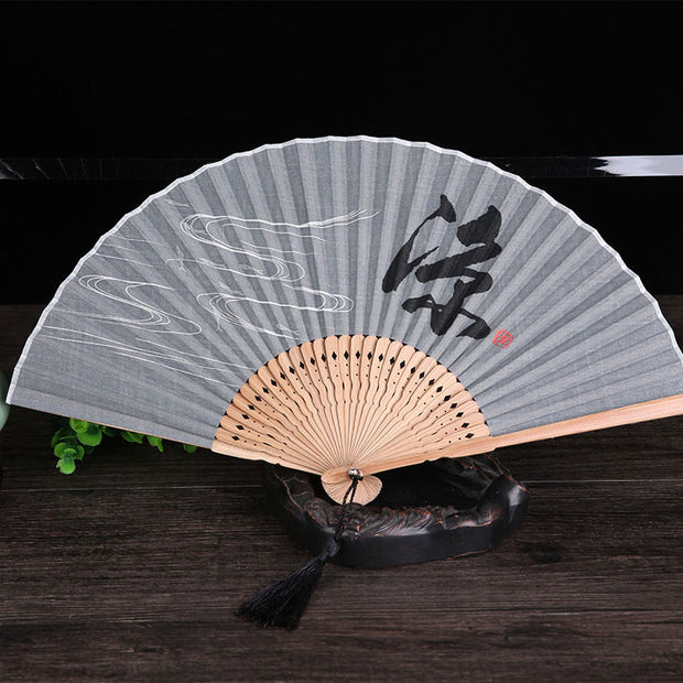 Buddha Stones Chinese Characters Golden Dragonfly Handheld Cotton Linen Bamboo Folding Fan 22cm Folding Fan BS Gray 22cm