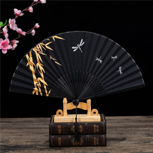 Buddha Stones Chinese Characters Golden Dragonfly Handheld Cotton Linen Bamboo Folding Fan 22cm Folding Fan BS Golden Dragonfly Bamboo 22cm