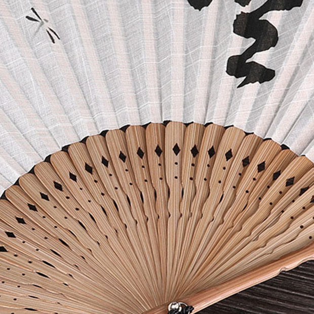 Buddha Stones Chinese Characters Golden Dragonfly Handheld Cotton Linen Bamboo Folding Fan 22cm