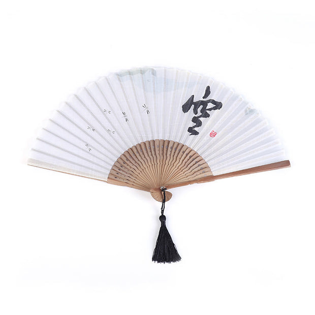 Buddha Stones Chinese Characters Golden Dragonfly Handheld Cotton Linen Bamboo Folding Fan 22cm Folding Fan BS 6