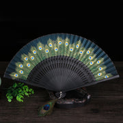 Buddha Stones Peacock Feather Handheld Bamboo Folding Fan 21.5cm Folding Fan BS Dark Green 21.5cm