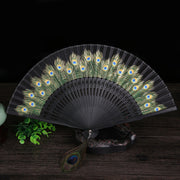 Buddha Stones Peacock Feather Handheld Bamboo Folding Fan 21.5cm