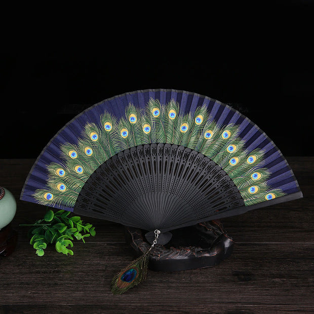 Buddha Stones Peacock Feather Handheld Bamboo Folding Fan 21.5cm Folding Fan BS Navy Blue 21.5cm