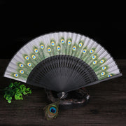 Buddha Stones Peacock Feather Handheld Bamboo Folding Fan 21.5cm