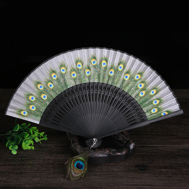 Buddha Stones Peacock Feather Handheld Bamboo Folding Fan 21.5cm Folding Fan BS Gray 21.5cm