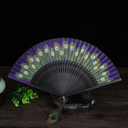 Buddha Stones Peacock Feather Handheld Bamboo Folding Fan 21.5cm