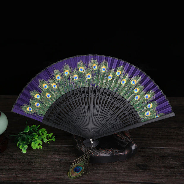 Buddha Stones Peacock Feather Handheld Bamboo Folding Fan 21.5cm Folding Fan BS Purple 21.5cm