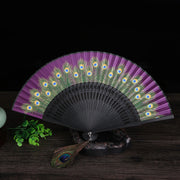 Buddha Stones Peacock Feather Handheld Bamboo Folding Fan 21.5cm Folding Fan BS Rose Red 21.5cm