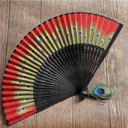 Buddha Stones Peacock Feather Handheld Bamboo Folding Fan 21.5cm Folding Fan BS Red 21.5cm