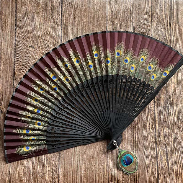 Buddha Stones Peacock Feather Handheld Bamboo Folding Fan 21.5cm