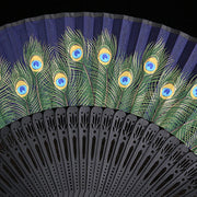 Buddha Stones Peacock Feather Handheld Bamboo Folding Fan 21.5cm Folding Fan BS 5