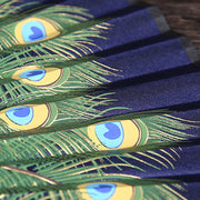 Buddha Stones Peacock Feather Handheld Bamboo Folding Fan 21.5cm