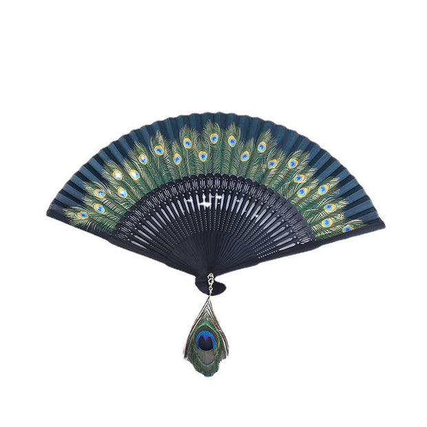 Buddha Stones Peacock Feather Handheld Bamboo Folding Fan 21.5cm Folding Fan BS 8