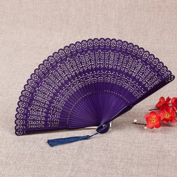 Buddha Stones Flower Engraved Hollow Handheld Bamboo Folding Fan 18cm Folding Fan BS Violet 18cm