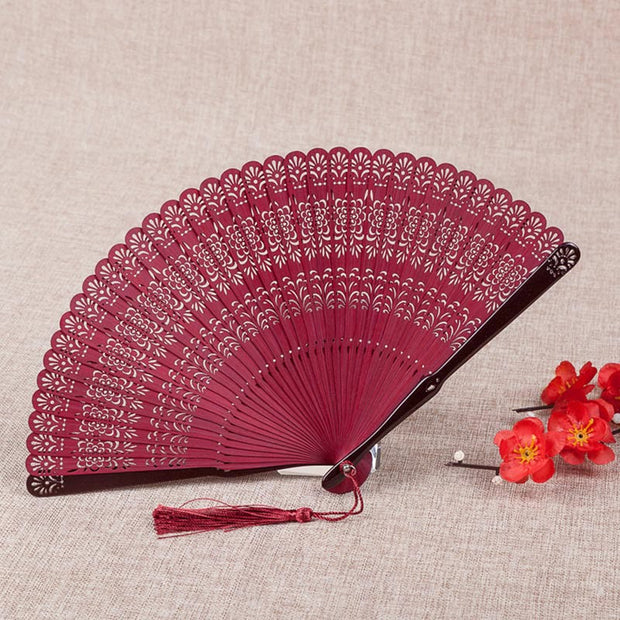 Buddha Stones Flower Engraved Hollow Handheld Bamboo Folding Fan 18cm Folding Fan BS Red 18cm