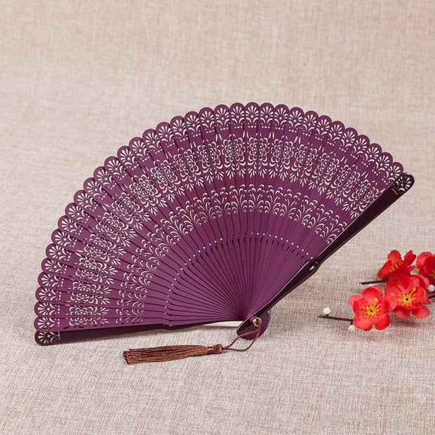 Buddha Stones Flower Engraved Hollow Handheld Bamboo Folding Fan 18cm Folding Fan BS Purple 18cm