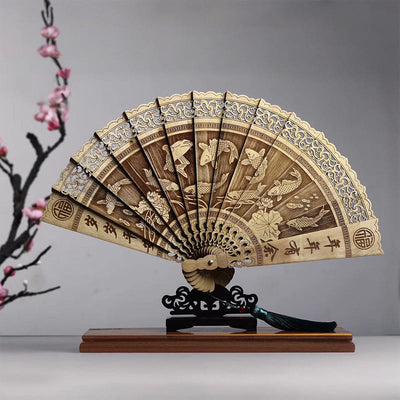 Buddha Stones Koi Fish Peony Bird Flower Engraved Hollow Handheld Phoebe Zhennan Wood Folding Fan 22cm Folding Fan BS Koi Fish 22cm