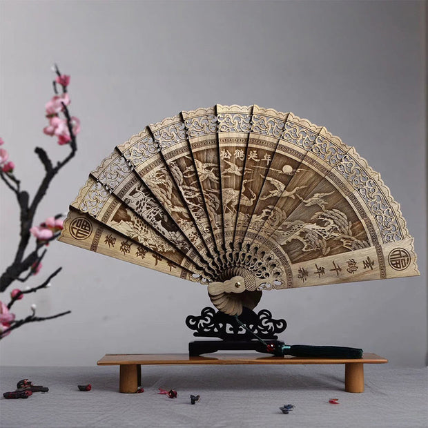 Buddha Stones Koi Fish Peony Bird Flower Engraved Hollow Handheld Phoebe Zhennan Wood Folding Fan 22cm Folding Fan BS Pine Crane 22cm