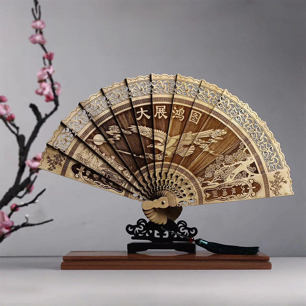 Buddha Stones Koi Fish Peony Bird Flower Engraved Hollow Handheld Phoebe Zhennan Wood Folding Fan 22cm