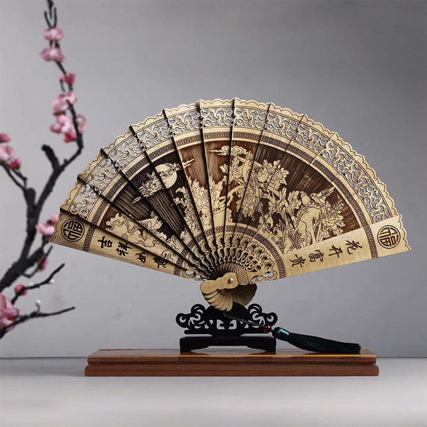 Buddha Stones Koi Fish Peony Bird Flower Engraved Hollow Handheld Phoebe Zhennan Wood Folding Fan 22cm