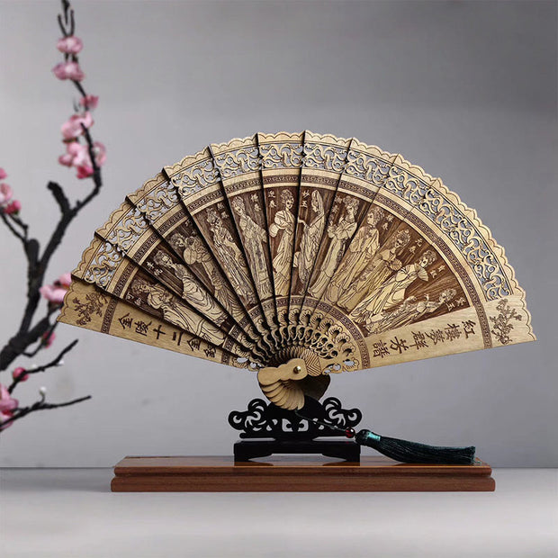 Buddha Stones Koi Fish Peony Bird Flower Engraved Hollow Handheld Phoebe Zhennan Wood Folding Fan 22cm Folding Fan BS Characters From Dream Of Red Mansions 22cm