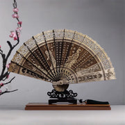 Buddha Stones Koi Fish Peony Bird Flower Engraved Hollow Handheld Phoebe Zhennan Wood Folding Fan 22cm