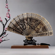 Buddha Stones Koi Fish Peony Bird Flower Engraved Hollow Handheld Phoebe Zhennan Wood Folding Fan 22cm