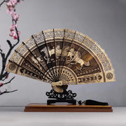 Buddha Stones Koi Fish Peony Bird Flower Engraved Hollow Handheld Phoebe Zhennan Wood Folding Fan 22cm Folding Fan BS Horse 22cm