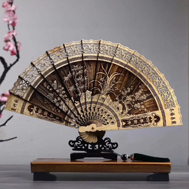 Buddha Stones Koi Fish Peony Bird Flower Engraved Hollow Handheld Phoebe Zhennan Wood Folding Fan 22cm Folding Fan BS Plum Orchid Bamboo Chrysanthemum 22cm