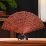 Buddha Stones Peacock Feather Carved Hollow Handheld Small Leaf Red Sandalwood Green Sandalwood Folding Fan 22.5cm