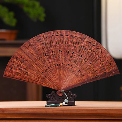 Buddha Stones Peacock Feather Carved Hollow Handheld Small Leaf Red Sandalwood Green Sandalwood Folding Fan 22.5cm Folding Fan BS Small Leaf Red Sandalwood 22.5cm