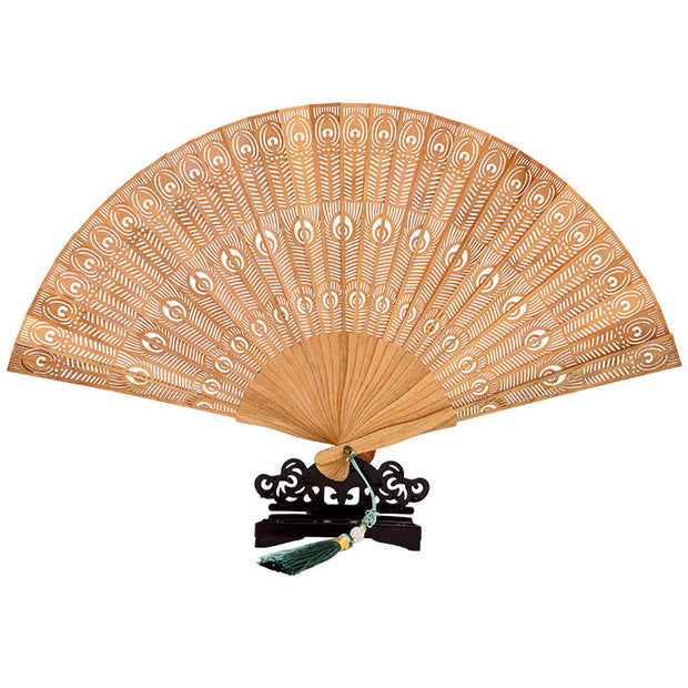 Buddha Stones Peacock Feather Carved Hollow Handheld Small Leaf Red Sandalwood Green Sandalwood Folding Fan 22.5cm Folding Fan BS 14