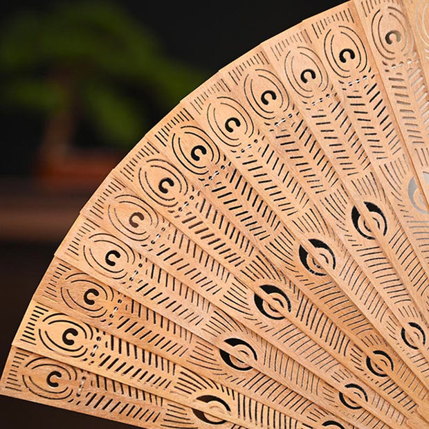 Buddha Stones Peacock Feather Carved Hollow Handheld Small Leaf Red Sandalwood Green Sandalwood Folding Fan 22.5cm