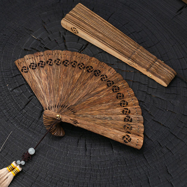 Buddha Stones Nha Trang Agarwood Engraved Hollow Wood Folding Fan Car Hanging Decoration Folding Fan BS 3