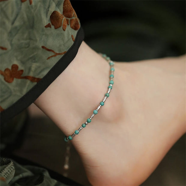 Buddha Stones 925 Sterling Silver Turquoise Small Beads Fish Pattern Protection Anklet
