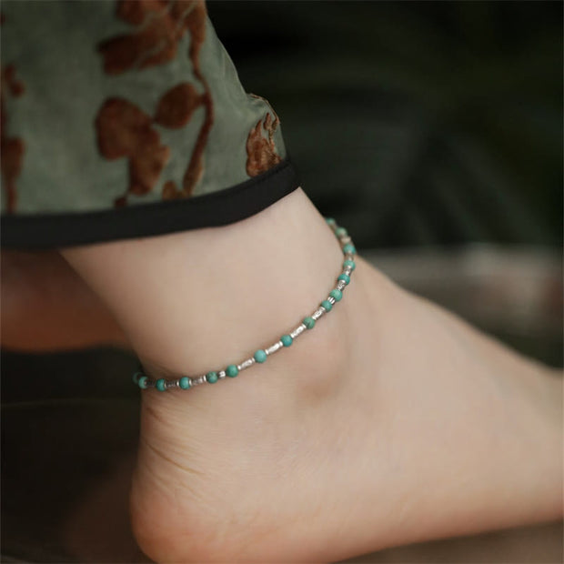 Buddha Stones 925 Sterling Silver Turquoise Small Beads Fish Pattern Protection Anklet Anklet BS 1