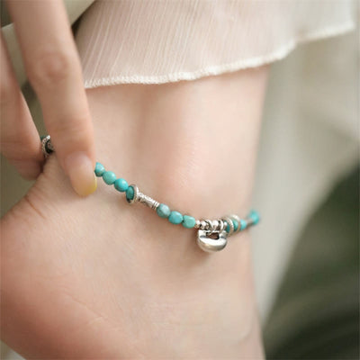 Buddha Stones 925 Sterling Silver Turquoise Small Beads Chinese Lock Charm Strength Anklet