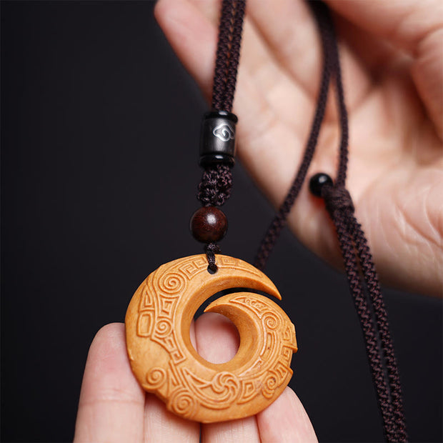 Buddha Stones Ebony Wood Sandalwood One's Luck Improves Design Pattern Peace Necklace Pendant