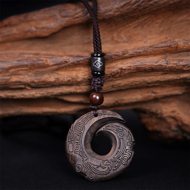 Buddha Stones Ebony Wood Sandalwood One's Luck Improves Design Pattern Peace Necklace Pendant