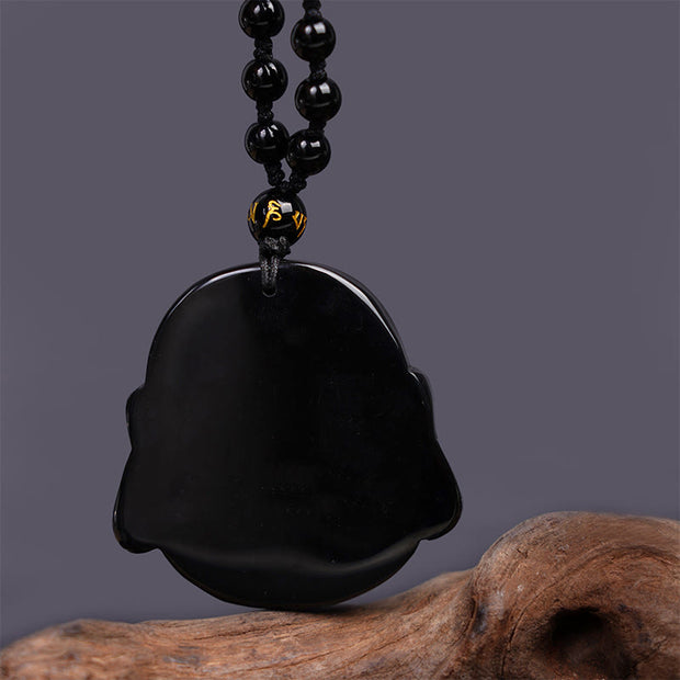 FREE Today: Happiness Luck Natural Black Obsidian Laughing Buddha Necklace Pendant