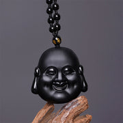 FREE Today: Happiness Luck Natural Black Obsidian Laughing Buddha Necklace Pendant