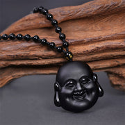 FREE Today: Happiness Luck Natural Black Obsidian Laughing Buddha Necklace Pendant