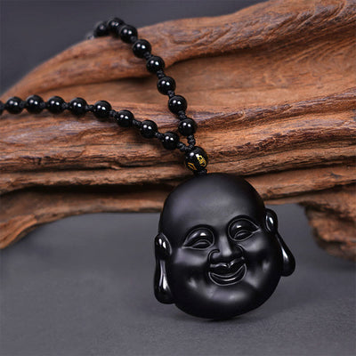 Buddha Stones Natural Black Obsidian Laughing Buddha Purification Necklace Pendant