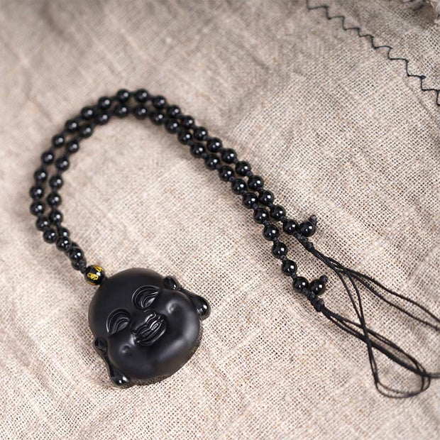 FREE Today: Happiness Luck Natural Black Obsidian Laughing Buddha Necklace Pendant