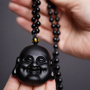 FREE Today: Happiness Luck Natural Black Obsidian Laughing Buddha Necklace Pendant