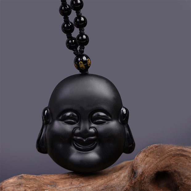 FREE Today: Happiness Luck Natural Black Obsidian Laughing Buddha Necklace Pendant