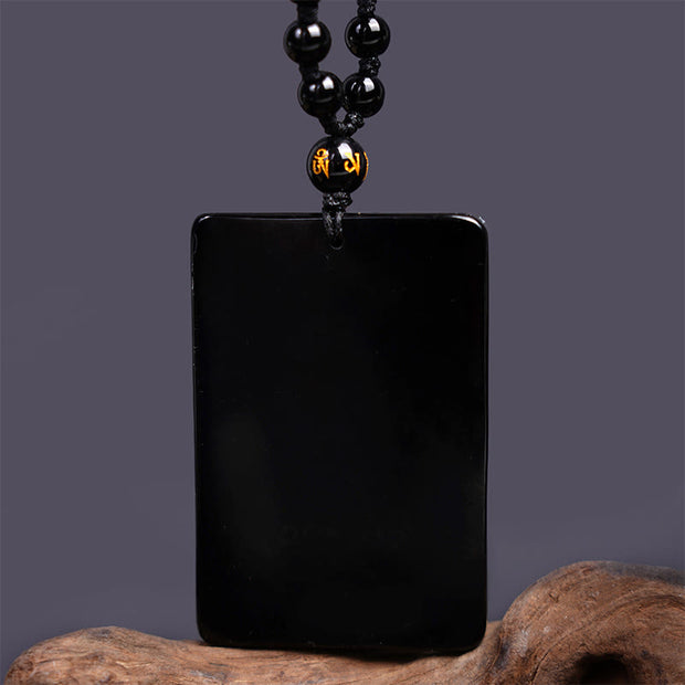 Buddha Stones Black Obsidian Guan Gong Amulet Engraved Strength Necklace Pendant