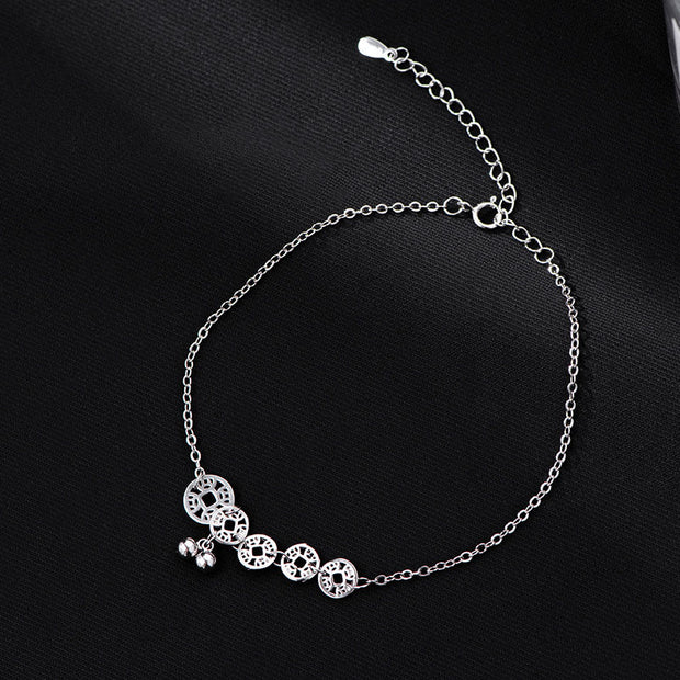 Buddha Stones 925 Sterling Silver Copper Coins Bells Protection Metal Anklet Anklet BS 1