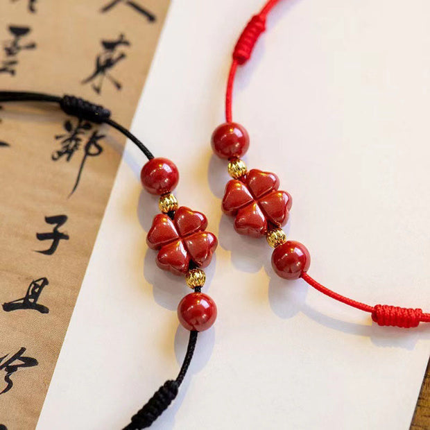 Buddha Stones Cinnabar Four Leaf Clover Blessing String Rope Anklet Anklet BS 7