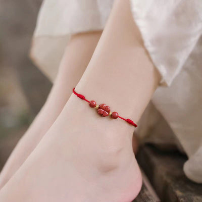 Buddha Stones Cinnabar Four Leaf Clover Blessing String Rope Anklet Anklet BS Red Anklet(Circumference 30cm)